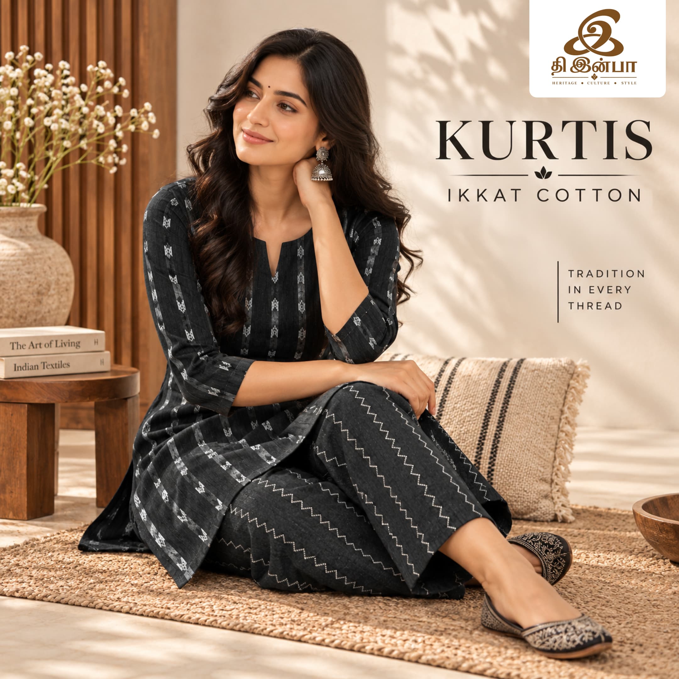 Black & Grey Striped Ikkat Cotton Kurti